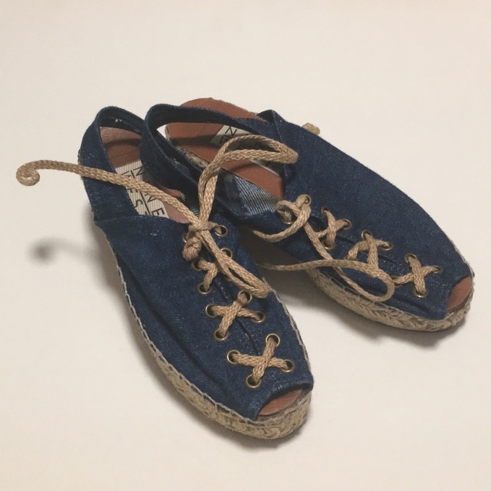 Nine West Navy Canvas Espadrille Peep-Toe Lace-Up Sandals